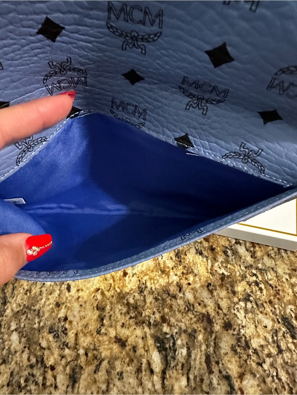 MCM Logo Monogram Envelope Clutch in Dusty Blue - Picture 7 of 15
